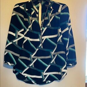 Trouve Blue Graphic Blouse with Mandarin Collar Small